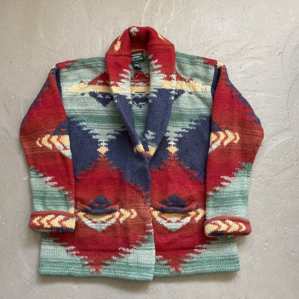 Lauren Ralph Lauren HandKnit Wool Southwestern Shawl Collar Cardigan  Large